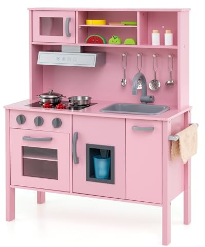 GYMAX Cucina Giocattolo per Bambini, Set da Cucina in Legno Imitazione con Lavello Rimovibile, Cappa da Cucina e Fabbricatore di Ghiaccio, 18 Accessori Completi, per Bambini da 3 a 6 Anni (Rosa)