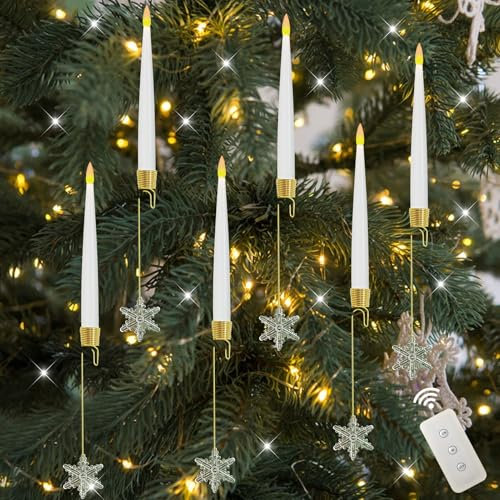 6 Pack Christmas Tree Candle Lights with Remote Timer,LED Taper Candles Battery Operated with Crystal Hooks,LED Flameless Flickering Candles for Christmas Tree,Warm White Light for Home Party Indoor