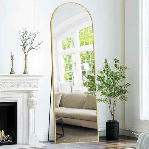 Weare Home Specchio da Terra ad Arco, 150 x 40 cm, Grande specchio da appoggio con cornice in alluminio, Appenso o appoggiato alla parete, Specchio in piedi per Soggiorno, Camera da letto(oro)