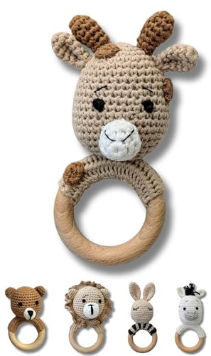 C|UTE – Babyrassel mit Namen ab 0 Monate | Greifling Baby personalisiert aus Baumwolle und Holz | Geschenk zur Geburt, Taufgeschenk Junge & Mädchen, personalisierte Geschenke (Giraffe, mit Gravur)