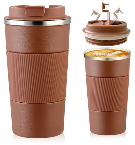 Senshuomy Travel Mug, Insulated Coffee Cup with Leakproof Lid(Brown/510ml) | Reusable Coffee Cups Travel Cup,Stainless Steel thermaol Mug for Hot Cold Drinks