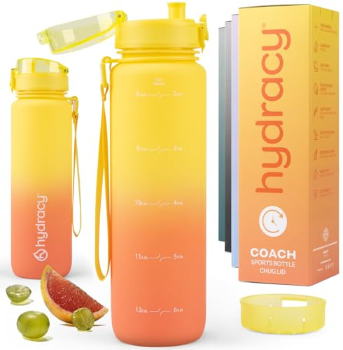 Hydracy botella de agua con marcador de tiempo - Botella grande de 1 litro con gradiente libre de BPA - Botella de gimnasio a prueba de fugas con infusor de frutas, colador y horarios para beber