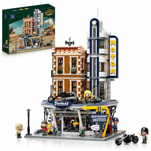 PANTASY Retro Motorcycle Diner & Bar Building Set - Modular Street Corner Architecture Kit with Interactive Doors, Openable Walls, 4 Motorcycles & 5 Exclusive Minifigures for Display & Play