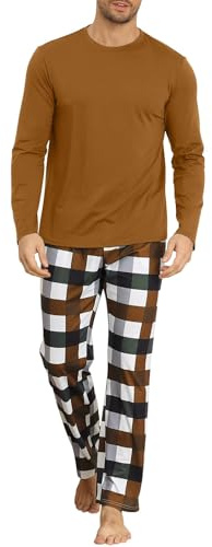 KUYIGO Pigiama da Uomo Set da 2 Pezzi Abbigliamento da Notte Traspirante Set Lounge Pigiama Morbido con Elastico in Vita, Marrone XL
