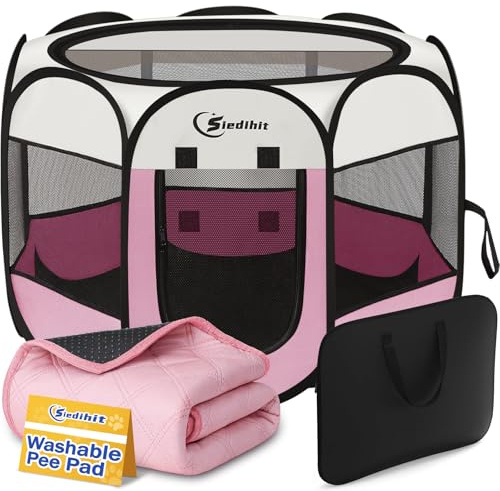 Siedihit Dog Cat Pet Playpen Tent Crate Cage with Washable Pad, Medium Pink