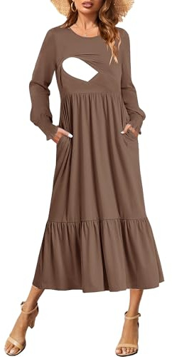 CzzzyL Nursing Dress Breastfeeding Womens Pleated Ruffle Maternity Long Sleeve Somcked Tiered Postpartum Mom with Pockets Coffee,Medium