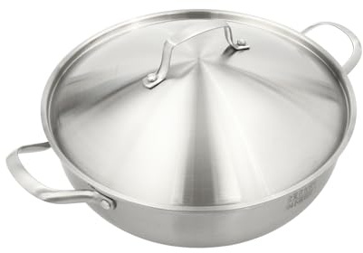 SEADEANG 14 5-Ply Stainless Steel Wok with Lid & Steamer Rack, 304 Stainless Steel Induction Ready Dishwasher Safe, 5.5L Capacity for Frying, Steaming, Boiling (5.51lbs)