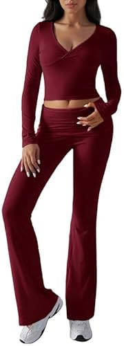 Sukiglam Tuta Donna Casual 2 Pezzi Completo Sportivo Maniche Lunghe Crop Top e Pantaloni a Zampa Tute Scollo a V Slim Fit Lounge Set Elegante per Yoga Palestra Fitness Jogging Outfit Y2K Streetwear