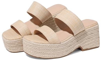 EQAUDES Raffia Platform Sandals Women Espadrilles Slides Summer Cute Sandles - Wedges, Square Toe, Slip On, Two Straw Strap, Comfortable, Wedding Shoes