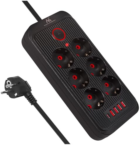 Maclean MCE389/391 grenuttag | 6 kontakter 4 x USB 1 x USB-C 2500 W | Skrivbordsförlängningskabel med strömbrytare | 45°-portar | Väggmontering (svart, 1,5 m)