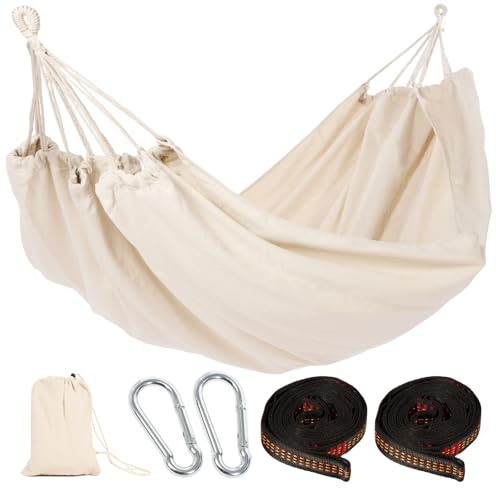 GREENSAPPIRE Cotton Hammock with Comfortable Fabric, Tree-Friendly Straps & Carabiners, Durable Portable Hammock with Travel Bag, Ideal for Garden Camping Patio Balcony Indoor & Outdoor (White)