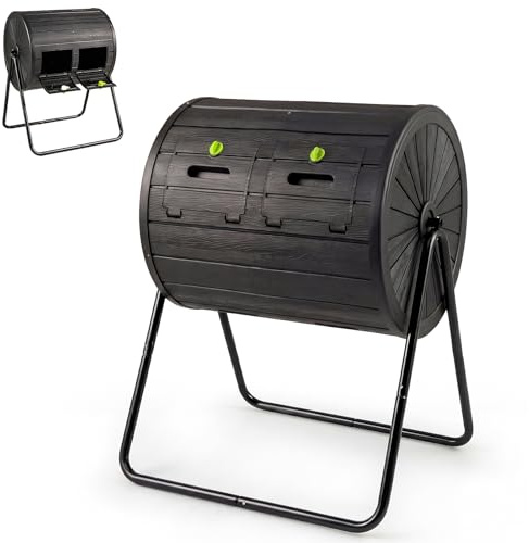 GYMAX Composteur 142L Rotatif à 360°, Bac à Compost Extérieur à Deux Compartiments, avec Portes Verrouillables et Socle Métallique, pour Déchets Alimentaires et Jardinage (Noir)