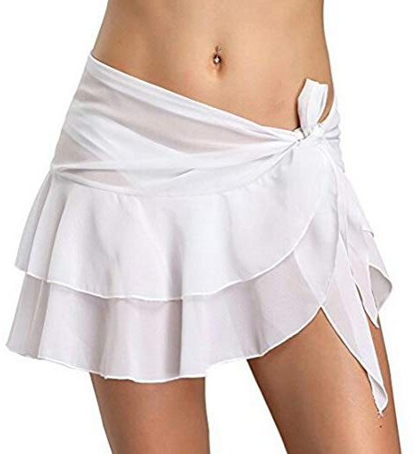 Chiffong sarong dam pareo omlottkjol strandklänning omlottduk strand kort wrap bikini kjol svart vit, Vit, one size
