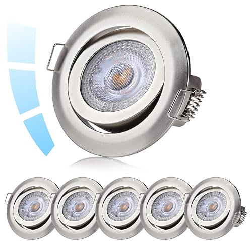 Sweet Led Einbaustrahler 3-Step-Dimming deckenspots flach 5W 230V Decken Einbauleuchte 3 Stufen dimmbar Einbauspots schwenkbar spots chrom-nickel farbig rund kaltweiß einbau 6 stück