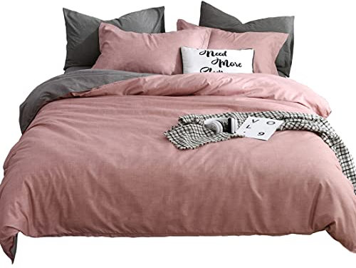 AShanlan Bettwäsche Set 135x200 4teilig Altrosa Grau Anthrazit Unifarben Wendebettwäsche 100% Weiche Angenehme Mikrofaser - 2 Bettbezüge 135 x 200 cm + 2 Kissenbezüge 80 x 80 Reißverschluss Rosa