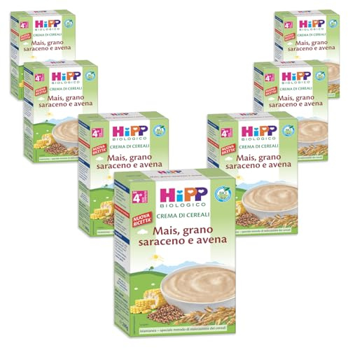 HiPP - Crema di Cereali Istantanea per Neonati, con Mais, Grano Saraceno e Avena, Senza Glutine, 7 Confezioni da 200 gr, Pappa Pronta Neonato, Crema di Mais, Grano Saraceno e Avena