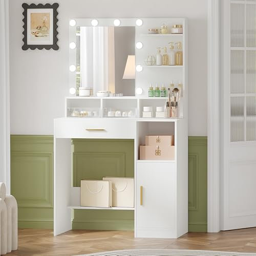 Hzuaneri Schminktisch mit Spiegel und 10 LED-Leuchten, Schminktisch mit 3 Ablagen & 4 offenen Fächern, Schminktische mit Großer Schublade & Schrank, 3 Einstellbare Beleuchtungsstärken, Weiß VT08103X