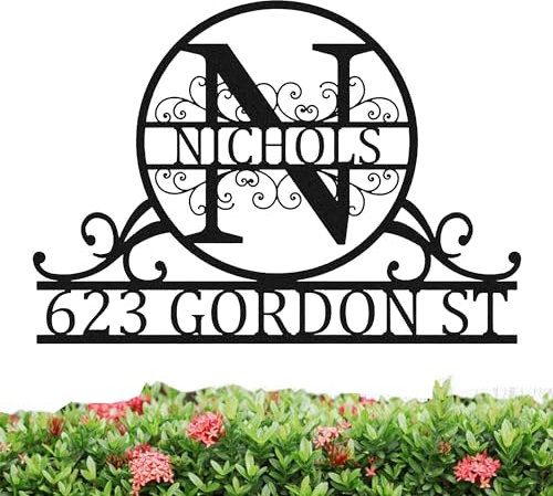 Panneau d'Adresse Personnalisé en Métal - Décoration Murale, Plaque de Nom de Famille pour Intérieur et Extérieur (Design 2)