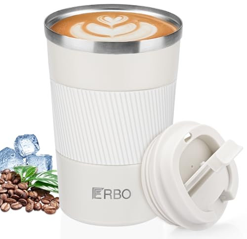 ERBO Kaffeebecher to go, Thermobecher Kaffee to go, 380ml Auslaufsicher Kaffeebecher mit Deckel, Coffee to go Becher, Kaffeebecher to-go Thermo, Thermobecher Edelsthal für Wasser, Tee, Kaffee (Weiß)