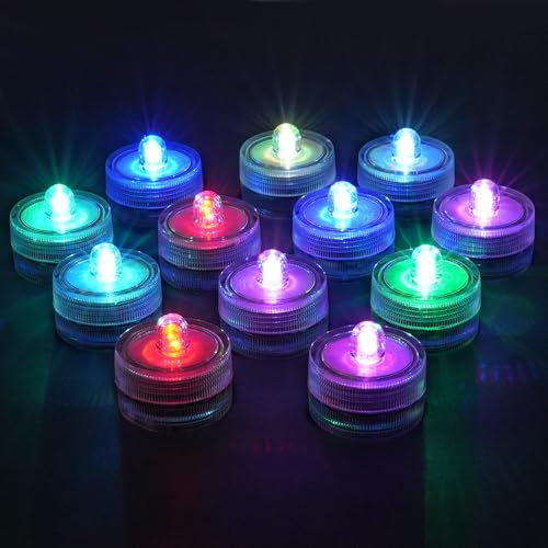 AMFUN Velas LED Sumergibles, 12PCS Luz de Té Velas LED Lmpermeables, Luz Velas sin Llama, para Jarrón, Pecera, Bañera, Piscina y Bar, Fiesta, Halloween, Decoración (Multicolor)