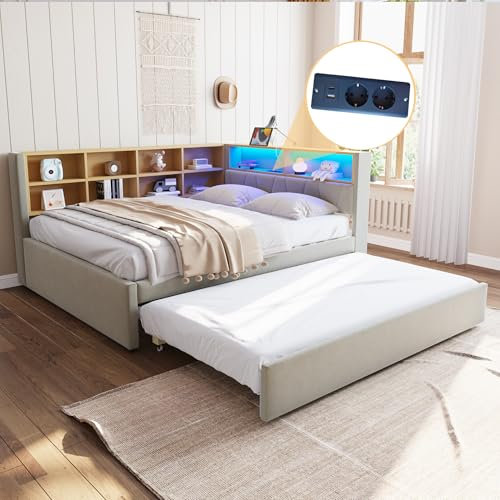 KecDuey Marco de cama, sofá cama de 140 x 200 cm, cama nido de 90 x 190 cm, equipado con luces LED, enchufes y muchos compartimentos, cama tapizada, cama individual, tela de franela, gris claro