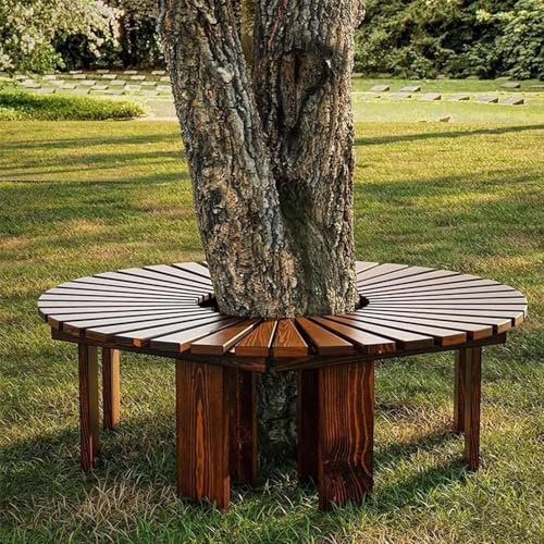 Panca da giardino per esterni per grandi alberi, panchine semicircolari per patio, panchine in legno massello senza schienale, seduta a doghe per portico, prato, giardino, cortile, 4 colori(Marrone,Ha