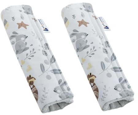 Medi Partners Protège Ceinture Enfant 2 Pièces Coussin de Sécurité Voiture Protege Kids 17x22cm 100% Coton Minky Cover Securite Auto Poussette pour Bebe Amovible (Cerf avec Minky Gris)