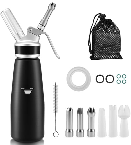 Nagoyuki Sahnespender 500ml,Sahnespender Geschenke, Schlagsahnebereiter mit Ersatzteile,Sahnesyphon Aluminium für Schlagsahne,Cremes,Desserts (Schwarz)