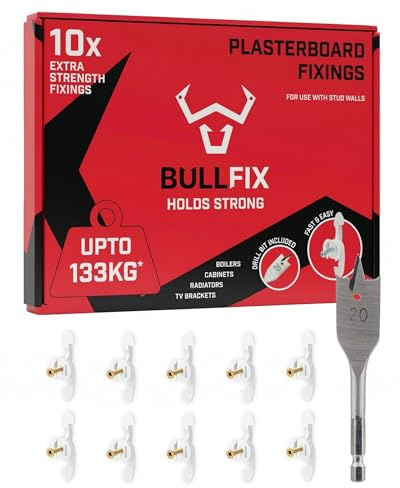 Bullfix Extra Plasterboard Fixings Heavy Duty Pack - Starter 10 Pack, Drywall Anchor for Insulated Plasterboard, Stud & Hollow Cavity Wall Anchor Kit with Screws, Holds up to 133kg, 20mm Drill Bit