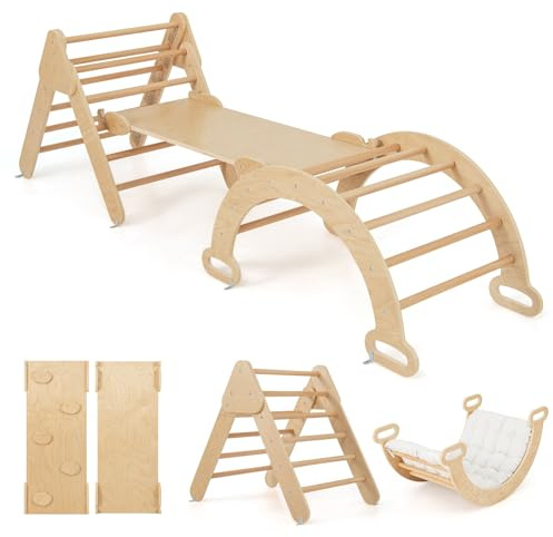 DREAMADE Triangle Escalade Bebe Montessori pour 1+ Ans, Échelle d’Escalade en Bois avec Triangle/Arche/Rampe, Convient pour Enfant à Maternelle, Maison (Naturel)