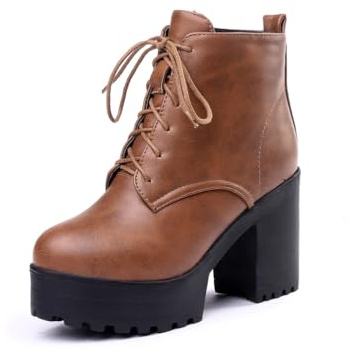 EICOFF Botines Gruesos de tacón Alto con Plataforma Cordones para Mujer, Botas de Cuero sintético con Cremallera Lateral, Tobilleras de otoño Invierno,Marrón,39 EU