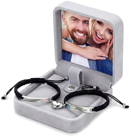 Fanery Sue Pulseras Personalizadas para Parejas, Pulsera Ajustable con Placa Grabada, Regalo para Ella y Él, Pulsera de Amistad con Elegante Caja de Regalo (plata & negro