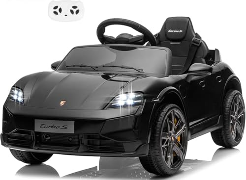 Porsche Taycan Turbo S Macchina Elettrica per Bambini 12V con Telecomando Cintura a 3 Punti Fari a Led Bluetooth Auto Elettrica Full Optional Nero
