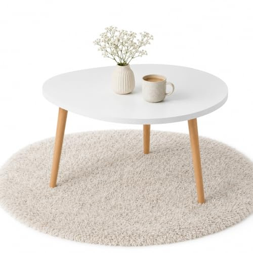 PlayPals Mesa de centro ovalada orgánica blanca 60 x 40 cm, mesa de salón escandinava, patas de madera, mesa de sofá pequeña, mesa auxiliar moderna de madera MDF