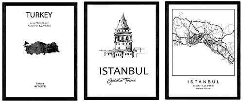 Pack de posters de paises y monumentos. Mapa ciudad Estambul, monumento Galata tower y mapa Turquia. Tamaño A4
