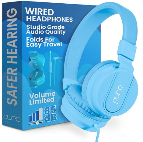 Puro Sound Labs PuroBasic Wired Headphones with Volume Limitation for Children, Foldable and Adjustable Headband with Microphone, Compatible with Smartphones, Tablets and PC (Blue)