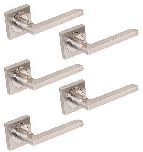Emuca - Maniglie porta interna, set di 5 coppie di maniglie per porta da interno con rosetta 50x50 mm, Alluminio e zama, Nickel satinato.