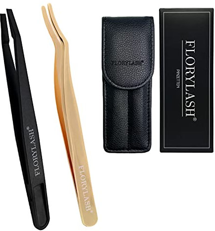 FLORYLASH® | 2 Pinzetten Set - 2 Stück Fake & Magnetische Wimpern Präzisions-Pinzette, 1 gebogen Edelstahl und 1 gerade Kunststoff-Pinzette