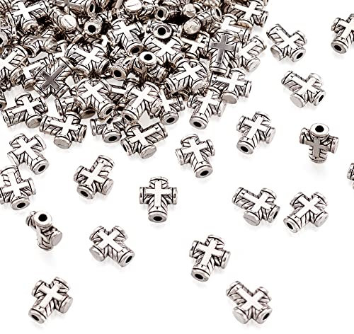 PandaHall - 100 cuentas de cruz de aleación de estilo tibetano, cuentas espaciadoras de metal plateado antiguo, cuentas sueltas de 10 x 8 x 3 mm, cuentas de oración para hacer joyas, manualidades,