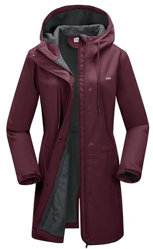 33,000ft Women's Waterproof Softshell Jacket Long Hooded Functional Jacket | Fleece lining, 2-Way Zipper, 4 Pockets, Adjustable Waist, Windproof, Warm, Breathable, for Outdoor, Hiking, Walking