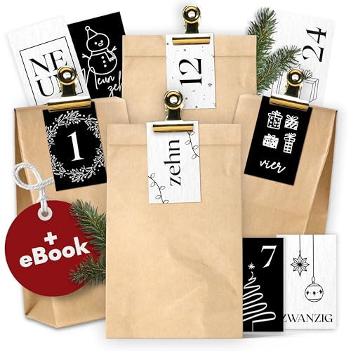 AMARI ® Adventskalender zum Befüllen - 24 Papier Adventskalender Tüten (mit Holzklammern) zum Basteln für Kinder - Papier Weihnachtskalender zum selber befüllen Tüten Weihnachtskalender selber basteln