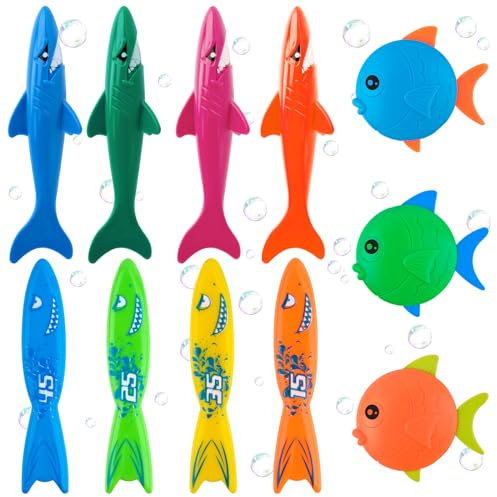 WUGU Tauchspielzeug für Kinder,Unterwasser Tauchringe, Meerjungfrau Tauchspielzeug, Schwimmbad Tauchset Trainingsspielzeug Tauchspiel mit Kordelzugbeutel (11pc)