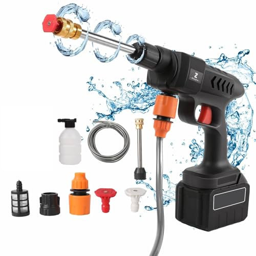 Nettoyeur Haute Pression sans Fil Buse 6 en 1 avec Batteries 21V, 60 Bar Nettoyeur Haute Pression sans Fil Portable avec 5m Tuyau et Accessoires pour Voitures Maison Jardin (30000mAh)