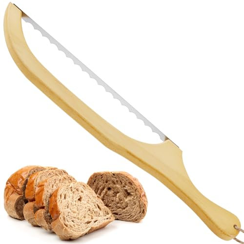 Trancheuse à pain de 40 x 7,1 cm, coupe-bagel dentelé en bois avec lame en acier inoxydable, trancheuse à pain au levain avec poignée pour pain fait maison, bagels, baguettes, cadeau de cuisine