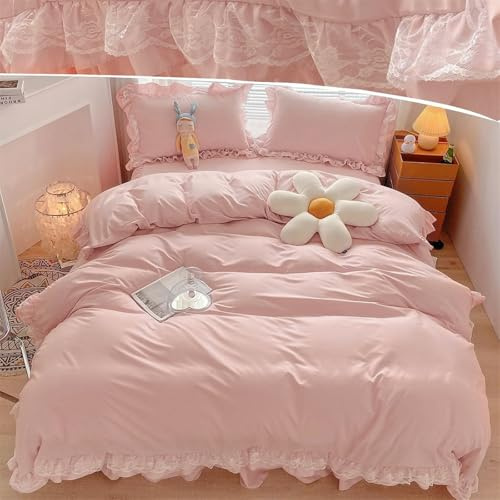 Pink Ruffled Duvet Cover Sets 3 Pieces Lace Bedding Set for Girls Women Soft Breathable Microfiber Duvet Cover King 220 x 230 cm