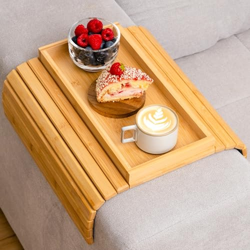 Sofa Arm Tray Bamboo – Foldable Couch Tray Table for Snacks, Drinks & Remotes | Non-Slip Wooden Armrest Organizer for Recliners, Sectionals, RVs