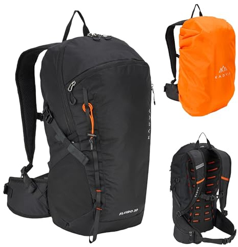 KADVA Fleiro 30L Mochila de Senderismo con Portaequipajes, Cubierta para la Lluvia, Compresión, Bolsillos, Cinturón de Cadera, Organizador, Trekking y Montañas. (Negro)