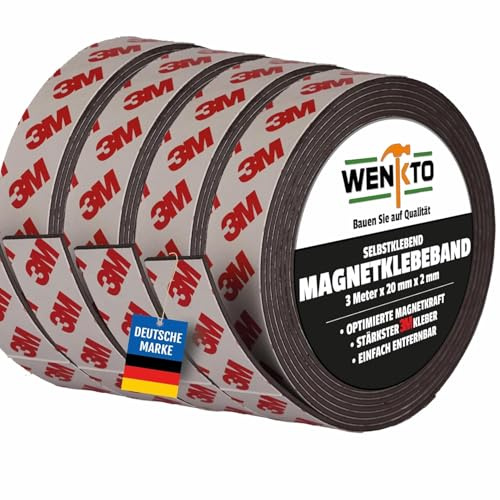 WENKTO® Magnetklebeband 3 Meter; Starkes 3M Magnetband DIY-Projekte & Heimwerken; Flexibles Klebeband mit Magneten; Magnetisches Band für Wände, Türbefestigungen & mehr (4x 3 Meter, 2 cm Breite)