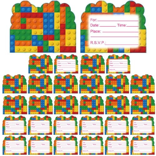 TEOZBLU 30 Pcs Inviti Compleanno bambino,Biglietti Invito Compleanno Dei Bambini,Patines Per Bambino,Motivo Blocchi da costruzione,Inviti Battesimo Per Ragazze Ragazzi,Feste Di Compleanno Per Bambini