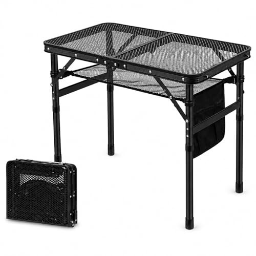GOOGO Mesa de Barbacoa Plegable para Exterior, 60 x 40 x 56 cm, Mesa de Camping con Patas elevadas y Tablero de Rejilla, para BBQ, balcón, Picnic y Puesto de Mercado (Negro)